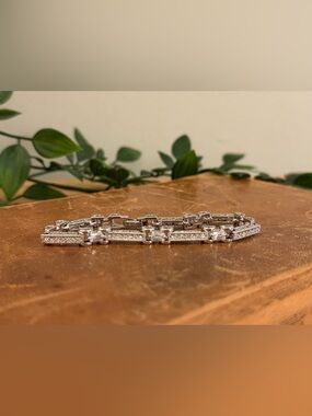 Silver-Tone Women's Link Bracelet - Clear CZ Accents Avon
